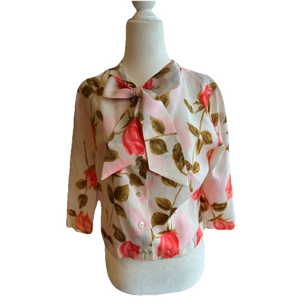 Na-Ma Of California Women’s XS Vintage Floral Now Tie Collar Blouse Button Up